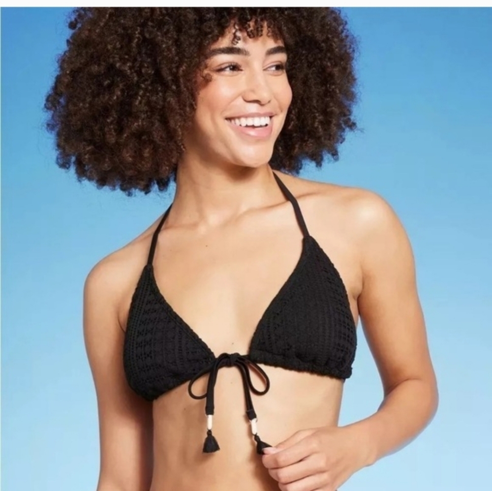 Women's Crochet Triangle Bikini Top - Wild Fable Black M(8-10)